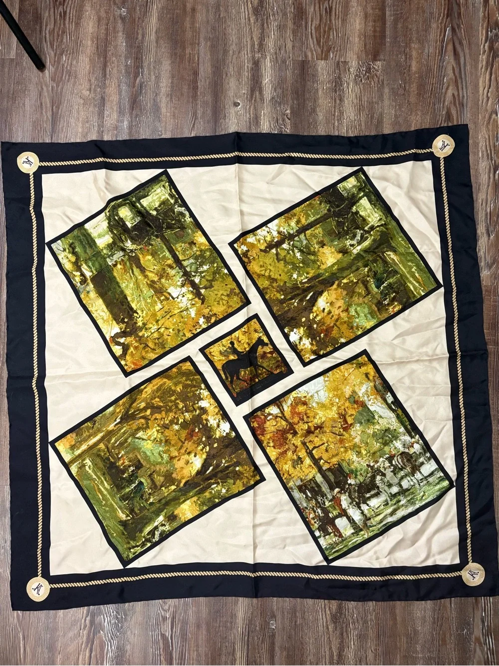 Equestrian Print Vintage 100% Silk Autumn Forest Square Scarf Quiet Luxury Horse